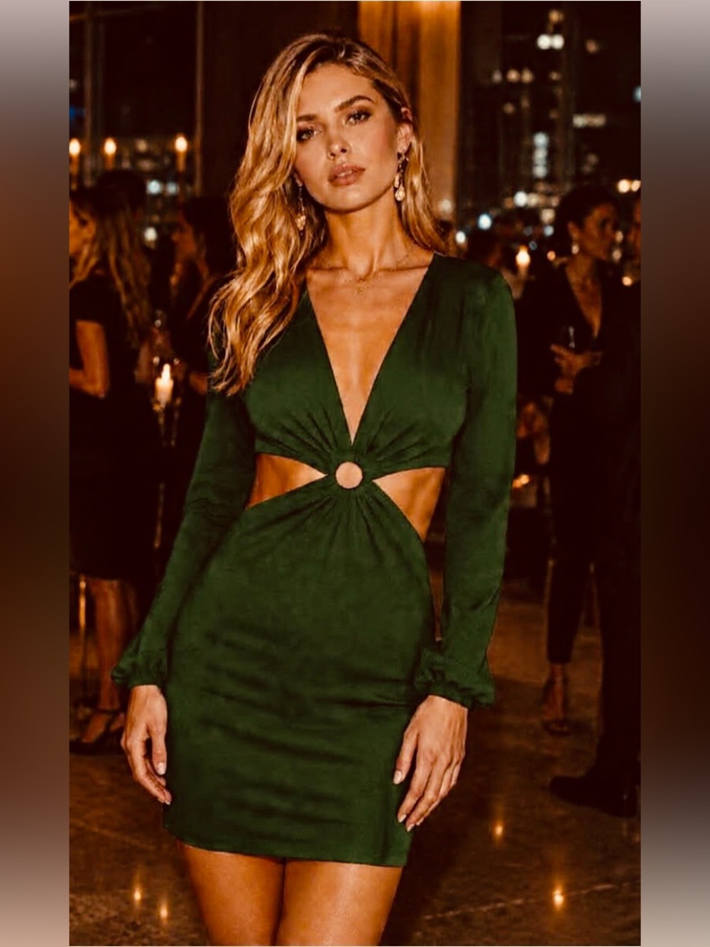 LUSH O-Ring Cutout Skater Mini Dress Deep V-neck Long Sleeve Olive L NWT